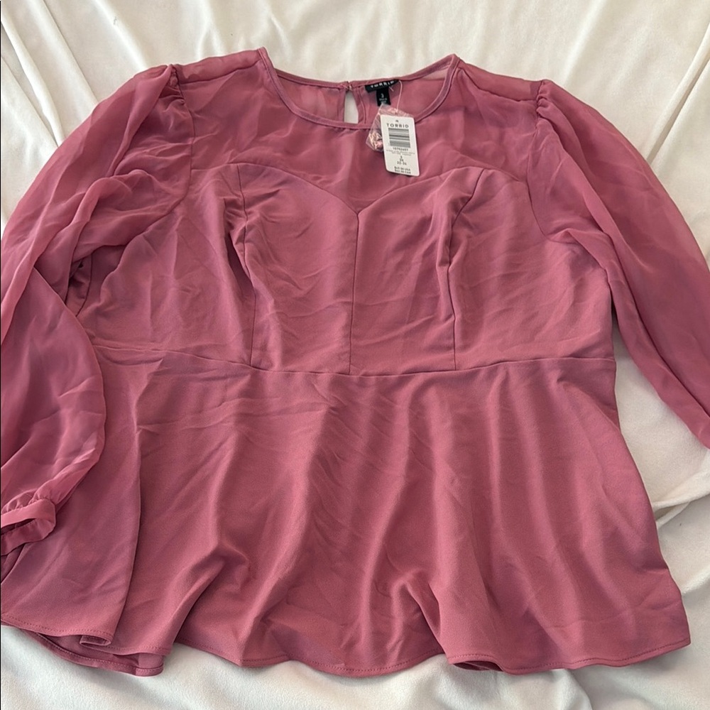 Womens Rose Pink Long Sleeve Peplum Blouse